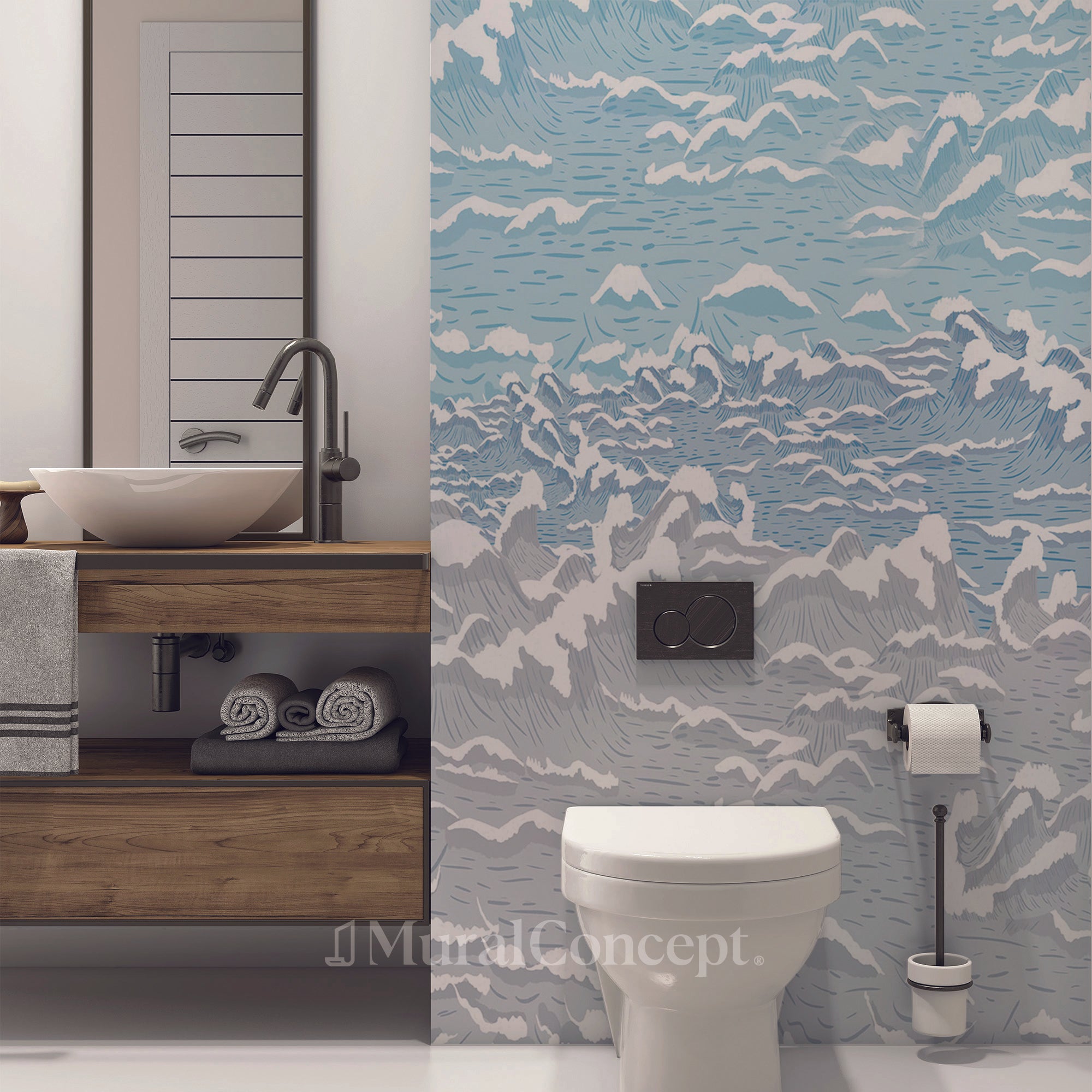 Papier peint toilette vagues - panoramique sur mesure francais - muralconcept
