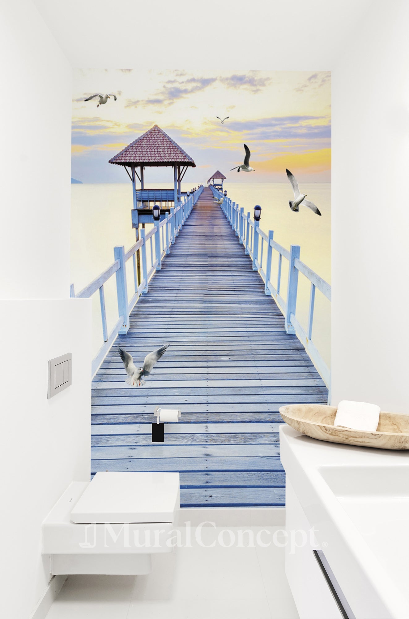 Papier peint wc ponton vue sur mer - décor mural sur mesure français