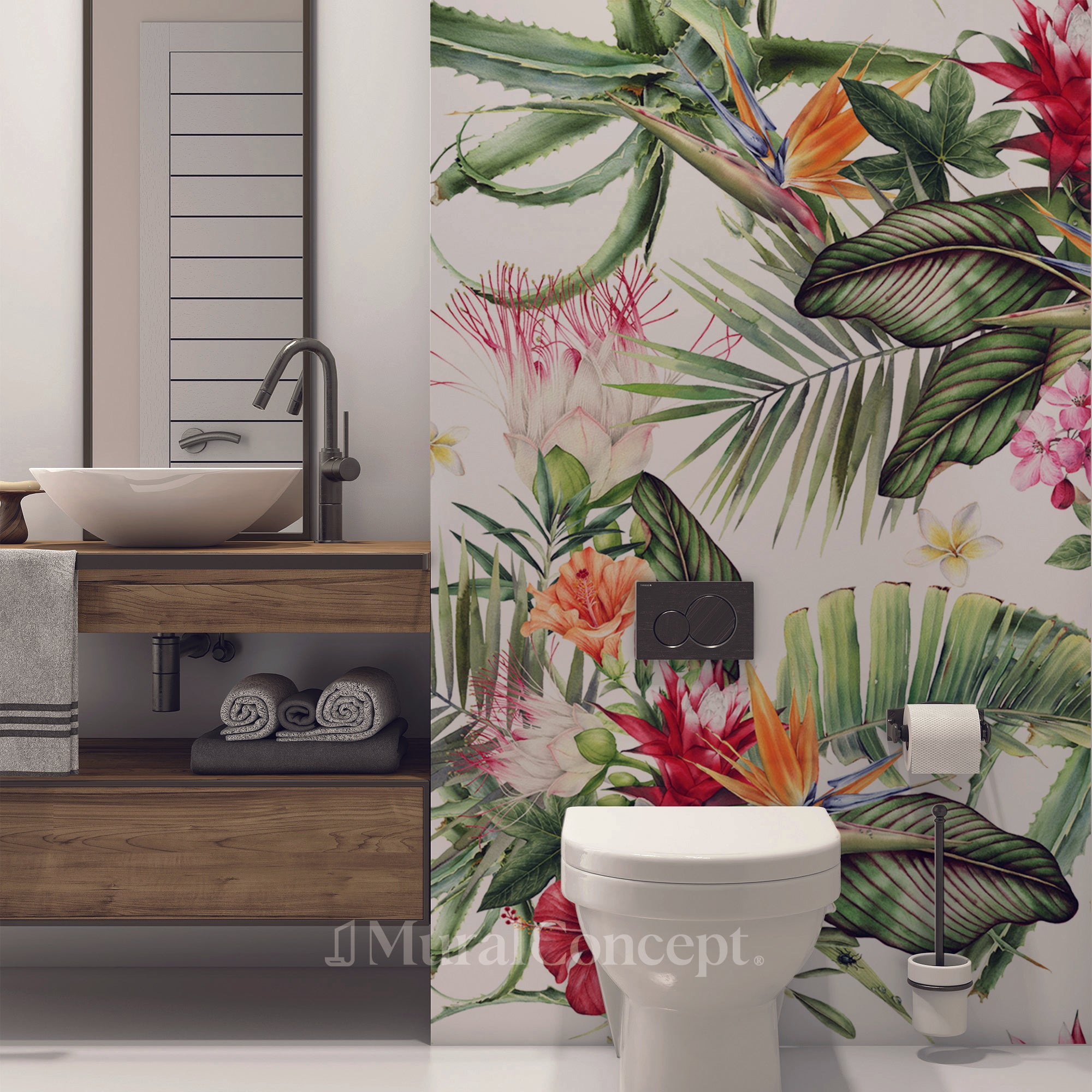 Papier peint wc tropical & Fleurs colorées - décor mural sur mesure français