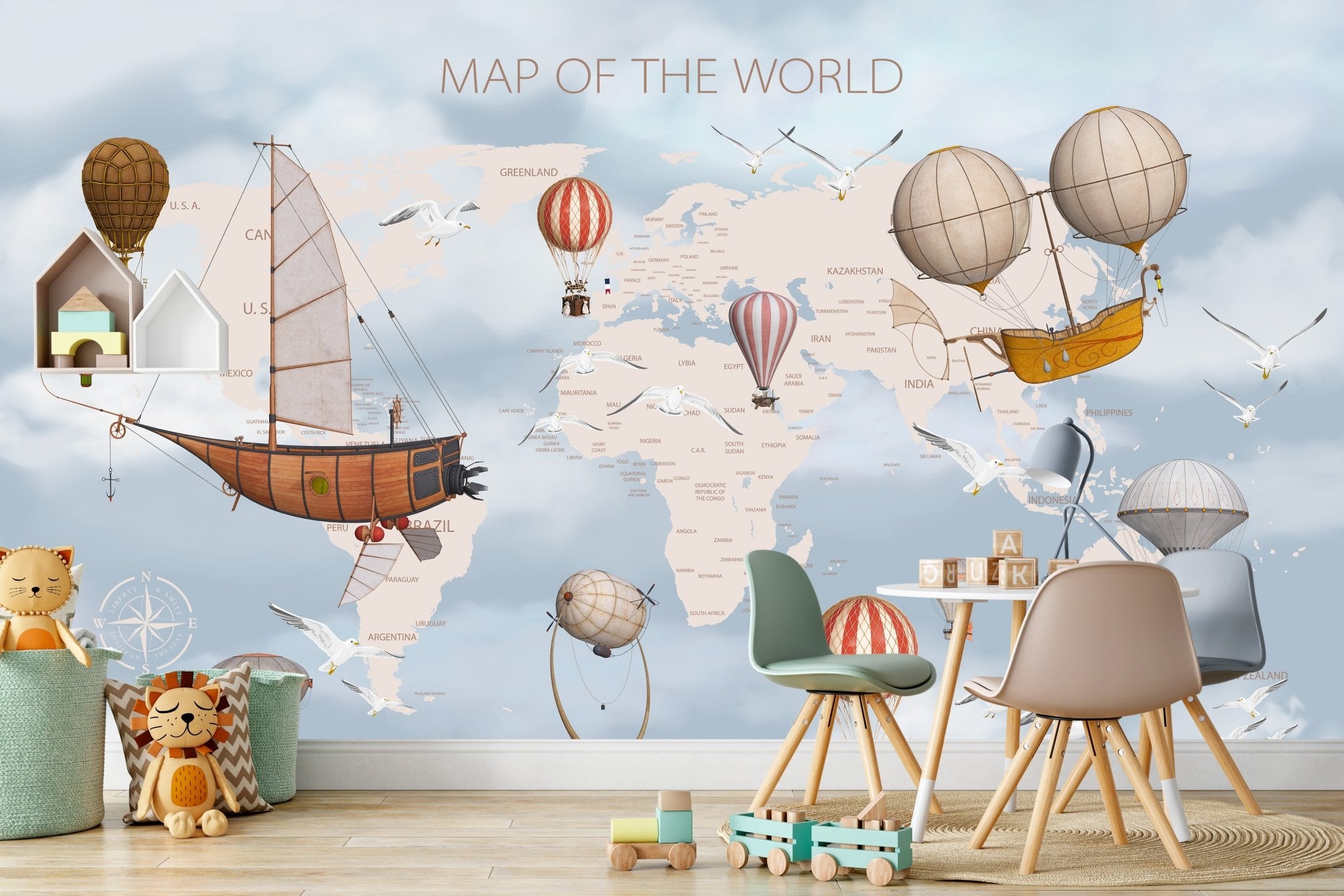 Papier peint carte du monde enfant vintage - panoramique français