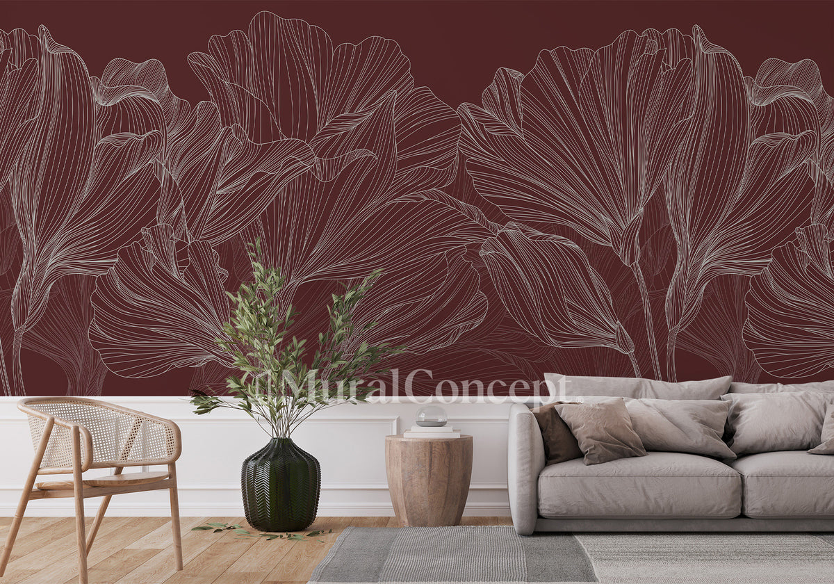 Panoramic wallpaper waltz of burgundy flowers